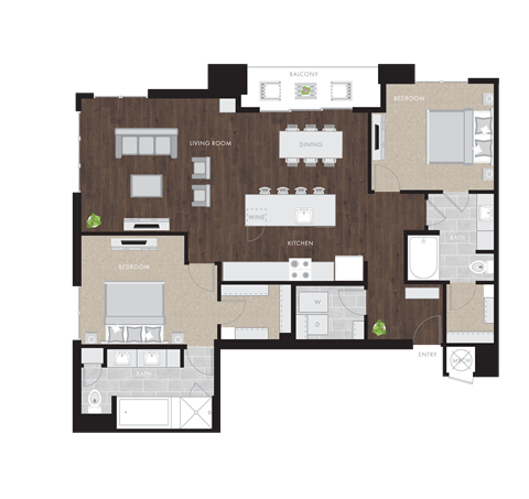 Floor plan for 2 beds, 2 baths, 1448 sqft